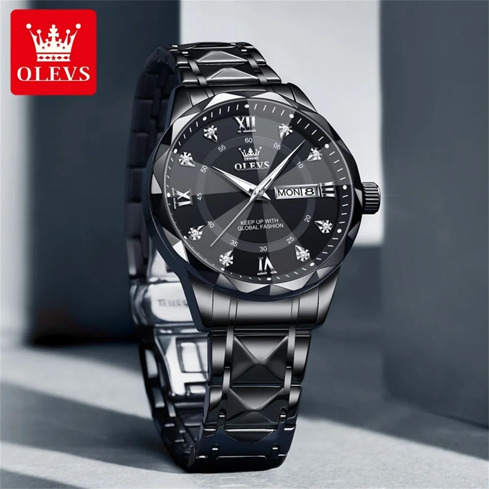 OLEVS 5609 Men\'s Watches Rhombus Design Black Stainless steel Calendar Week Waterproof Luminous Original Quartz Watches for Men