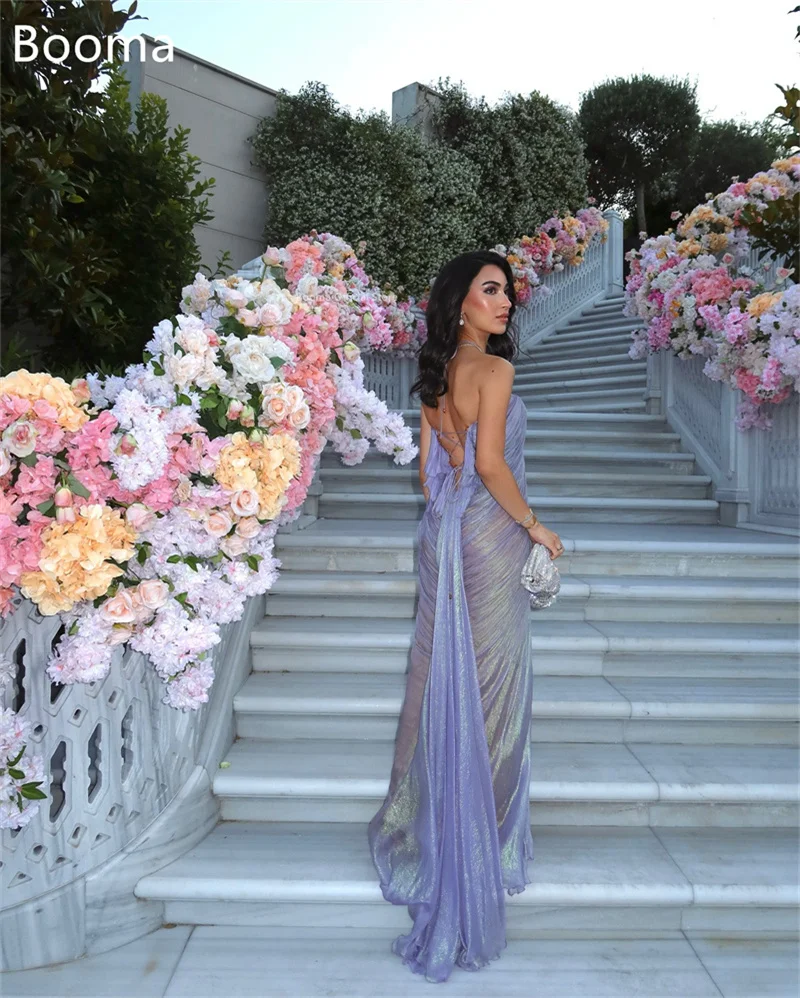 Booma Shiny Mermaid Backless Evening Dresses Formal Party Gowns for Women Pleat Long Sleeveless Prom Gown Customize image 4