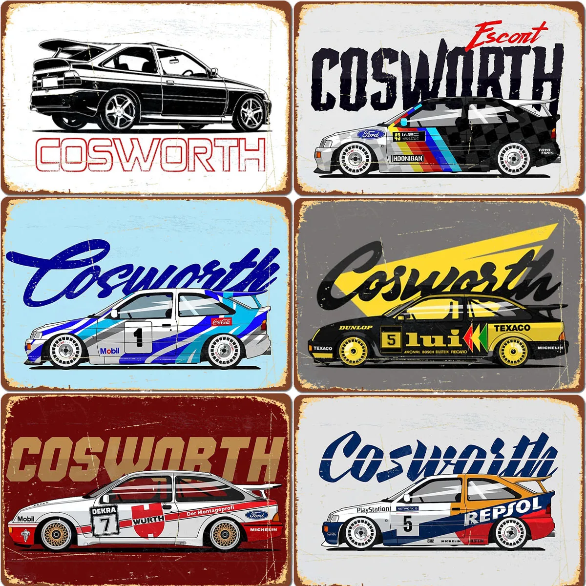 HD Metal Tin Sign Vintage Ford Escort Cosworth Rally Racing Car Wall Decor for Garage Man Cave Home Decoration
