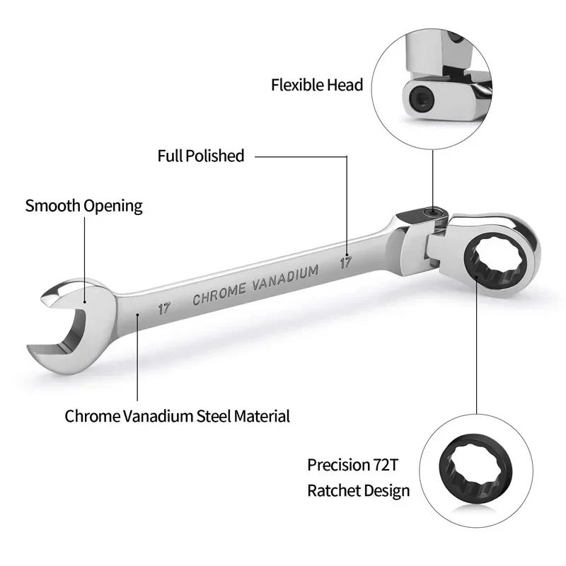 Flexible Turning Head Ratchet Wrench Garage Metric Hand Tools 6mm-12mm For Auto and Home Repair 1pcs