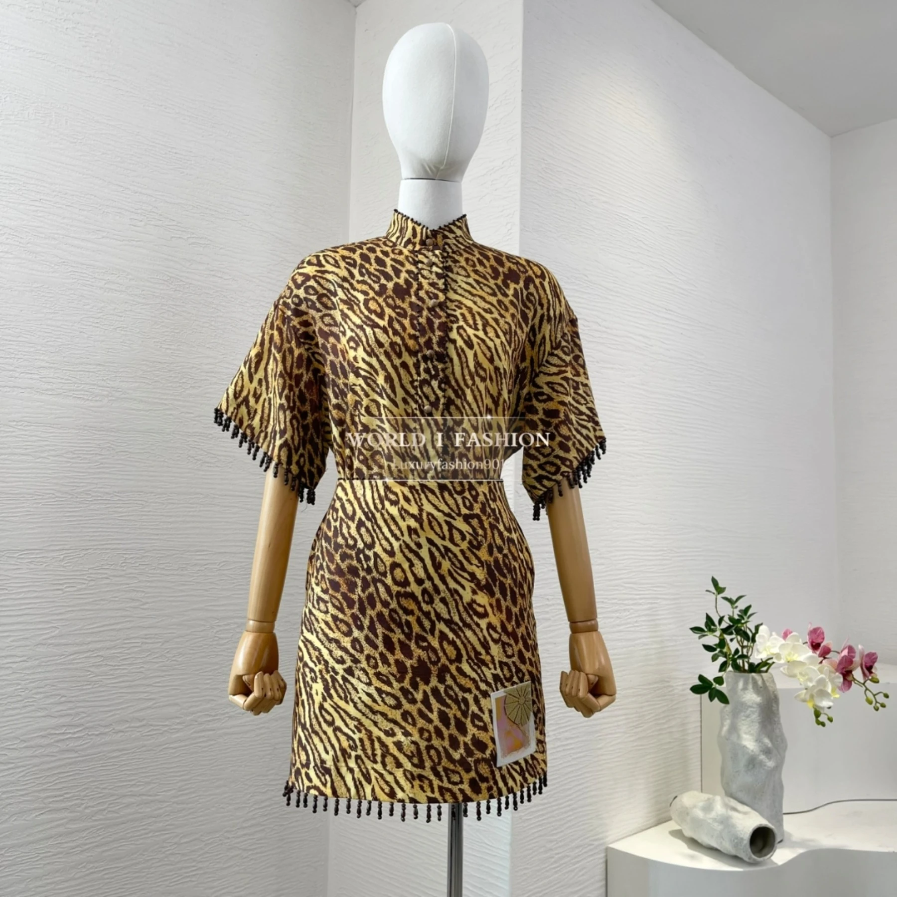 

High Quality 2025 New Brown Leopard Print Beading Short Sleeve Blouse Tops and Mini Skirt Set