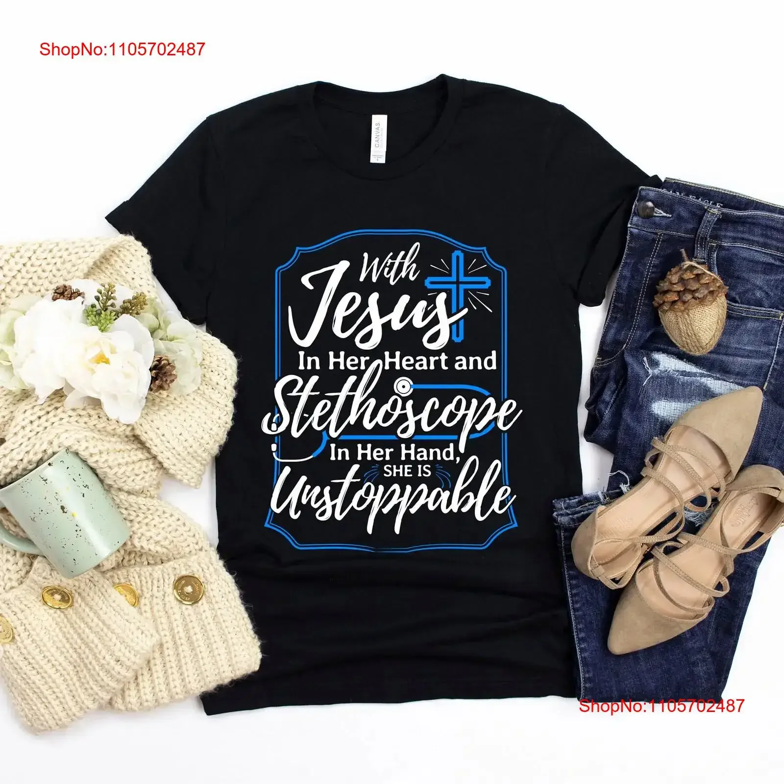 Funny Christian Nurse Religious T Shirt with Jesus in Her Heart and Stethoscope Hand She Is Unstoppable Nursing vintage Washed