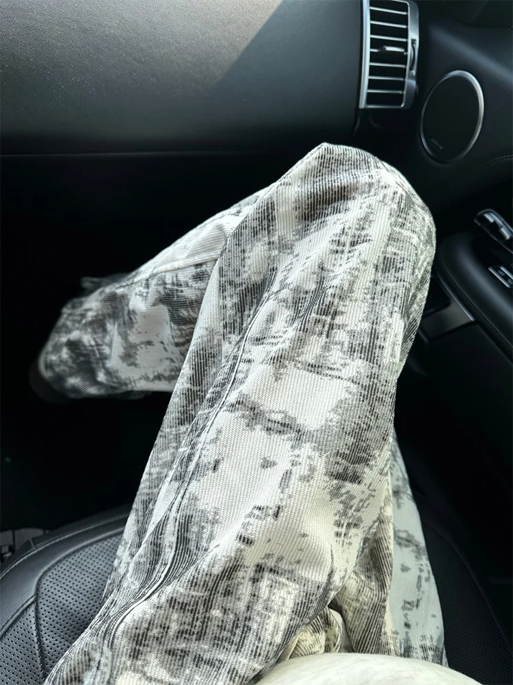 

American High Street Tie Dye White Work Pants Men's Spring Autumn Trendy Dstring Casual Loose BF Lazy Straight Leg Pants