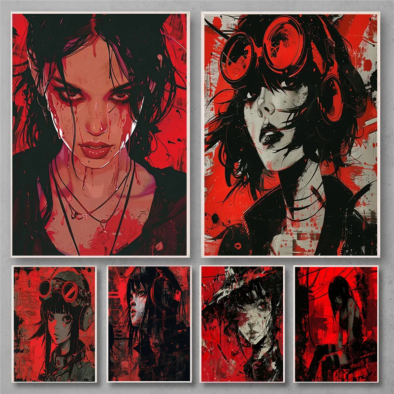 Anime Devilish Heroine with Blood on Her Face Battle Girl Poster Prints Visual Impact Artwork Wall Art Pictures Home Room Decor