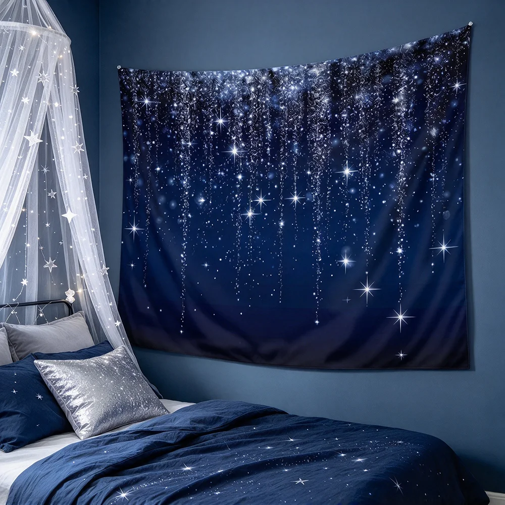 1PCS Tapestry, Shining Stars Galaxy Blue Night Background, Christmas Winter Holiday Party Decoration for Home Photo Studio