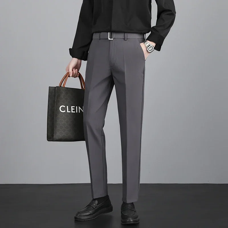 

Мужские брюки, эластичные однотонные черные умные повседневные мужские брюки, офисные быстросохнущие брюки, новые весенне-осенние корейские прямые брюки