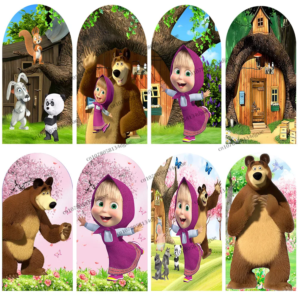 

Girl and Bear Backdrop Arch Cover Decoration Baby Girl Birthday Party Background Princess Red Cap Blockhouse Photo Banner Poster