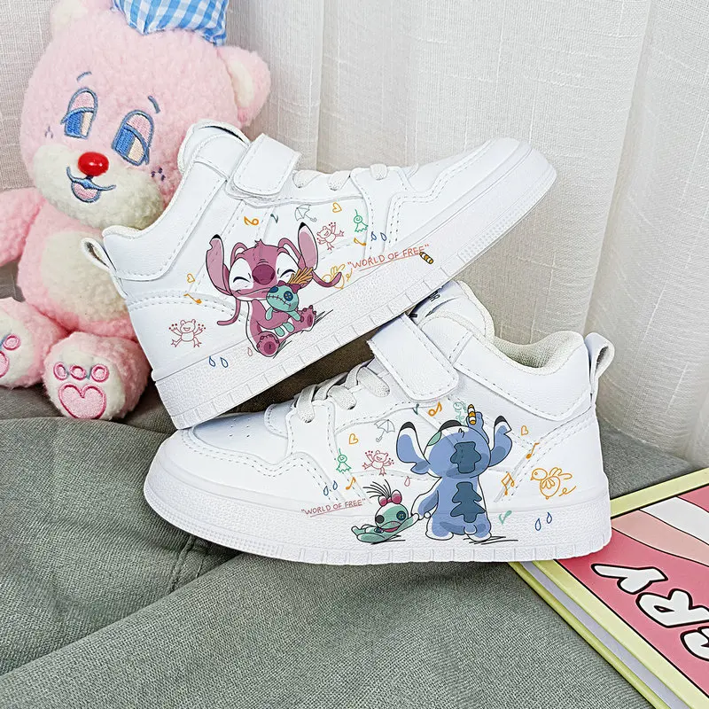 New Disney Cartoon Children High Top Sneakers Lilo & Stitch Print Kids Sport Shoes Tennis Shoes White Casual StellaLou Running