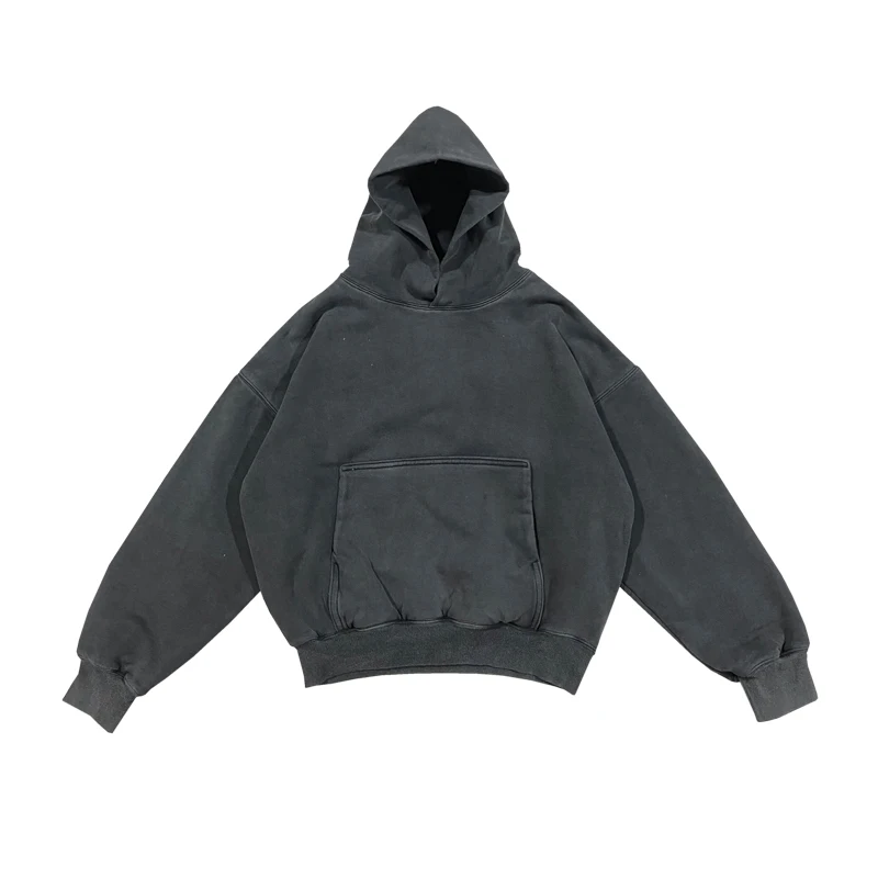 Simple solid color Kanye West double-layer hoodie retro washed black loose oversized men's sportswear streetwear