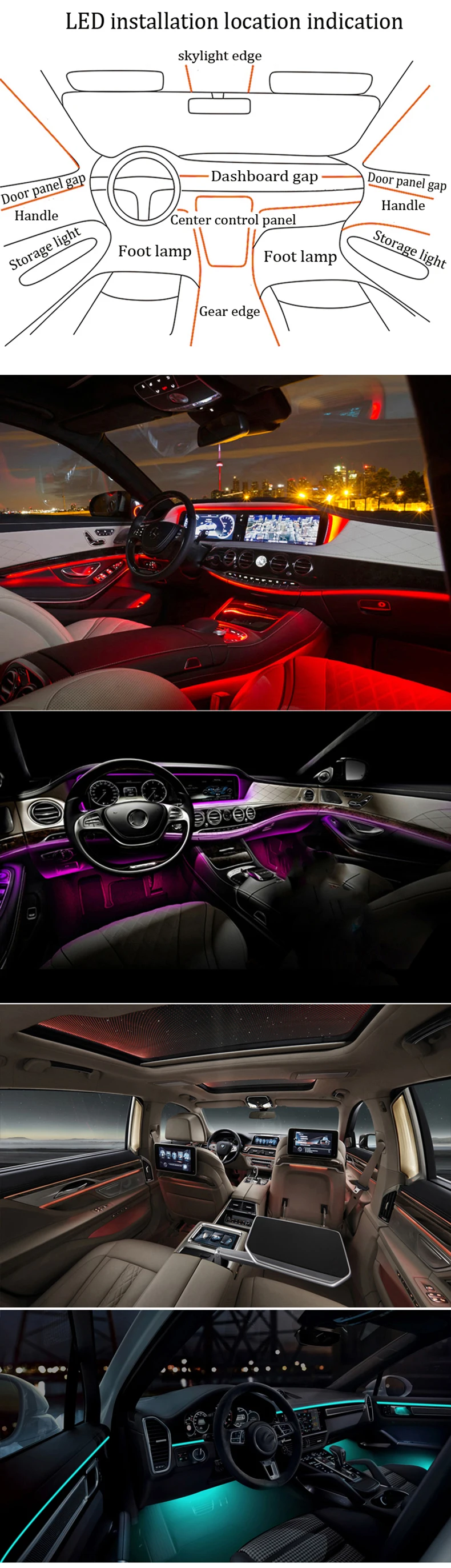 18 in 1 Umgebungslicht für den Innenraum des Autos, 64 Farben, atmen Sie die Armaturenbrett-Türdekoration, LED-Streifenlichter, RGB, Bluetooth, App-Steuerung, 12 V – Detail 9