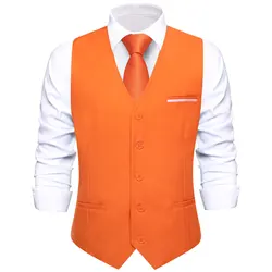 Orange Silk Men Vest Designer Solid Slim Fit Waistcoat Neck Tie Hanky Cufflinks Set for Male Business Party Wedding Gifts Hi-Tie