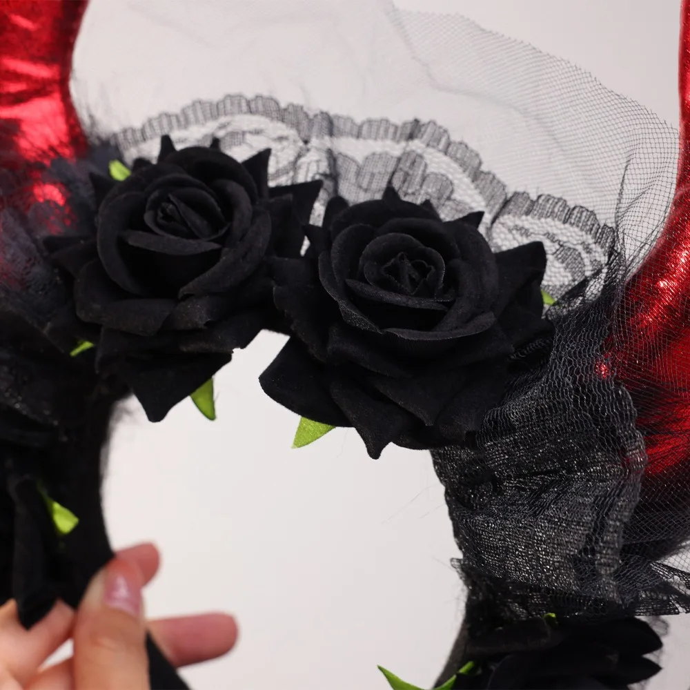 

Flowers Design Halloween Cow Horns Headband Fashion Lace Trim Sheep Horn Headband Unique Red Rose Headband Costume Party