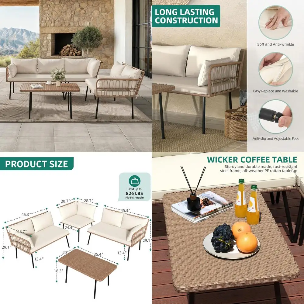 

4-Piece All-Weather PE Rattan Patio Furniture Set with Cushions and Side Table for Conversation Area