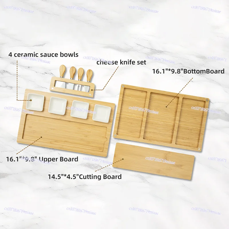 Bamboo Double Cheese Board, Square Set Cheese Plate with Ceramic Dishes Family Party Camping Plate