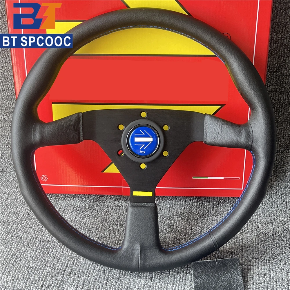 

Blue Yellow Stitching Italy Style V1 Steering Wheel Real Leather 14inch 350mm Flat Italy Back Engraving Racing Street Sport