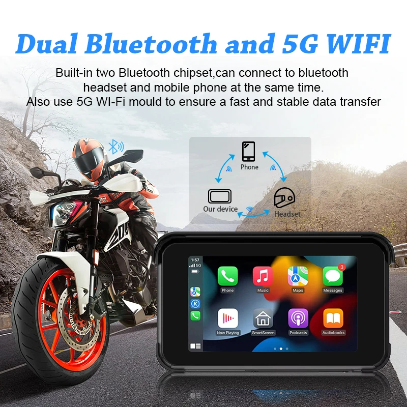 2024 New Motorcycle multimedia Player Driving Navigation Recorder Wireless CarPlay Android Automatic IP67 Waterproof screen Blue