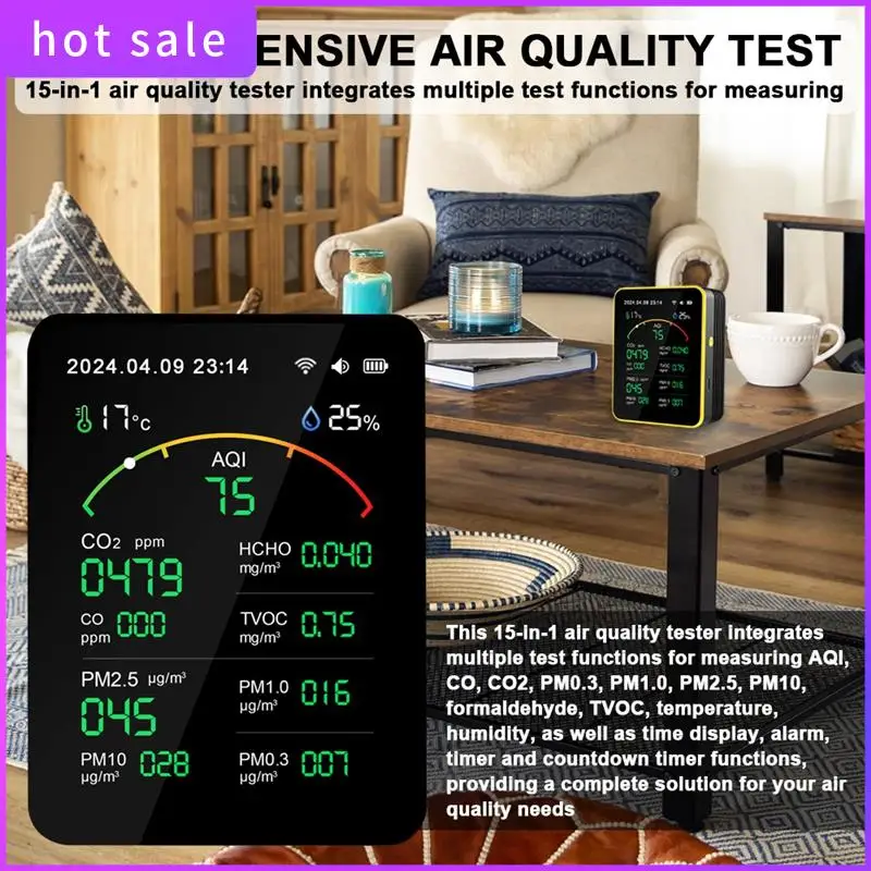 

ELEC-Tuya Wifi 15In1 Air Quality Detector Household Portable PM0.3 PM1.0 PM2.5 PM10 CO CO2 TVOC HCHO Tester