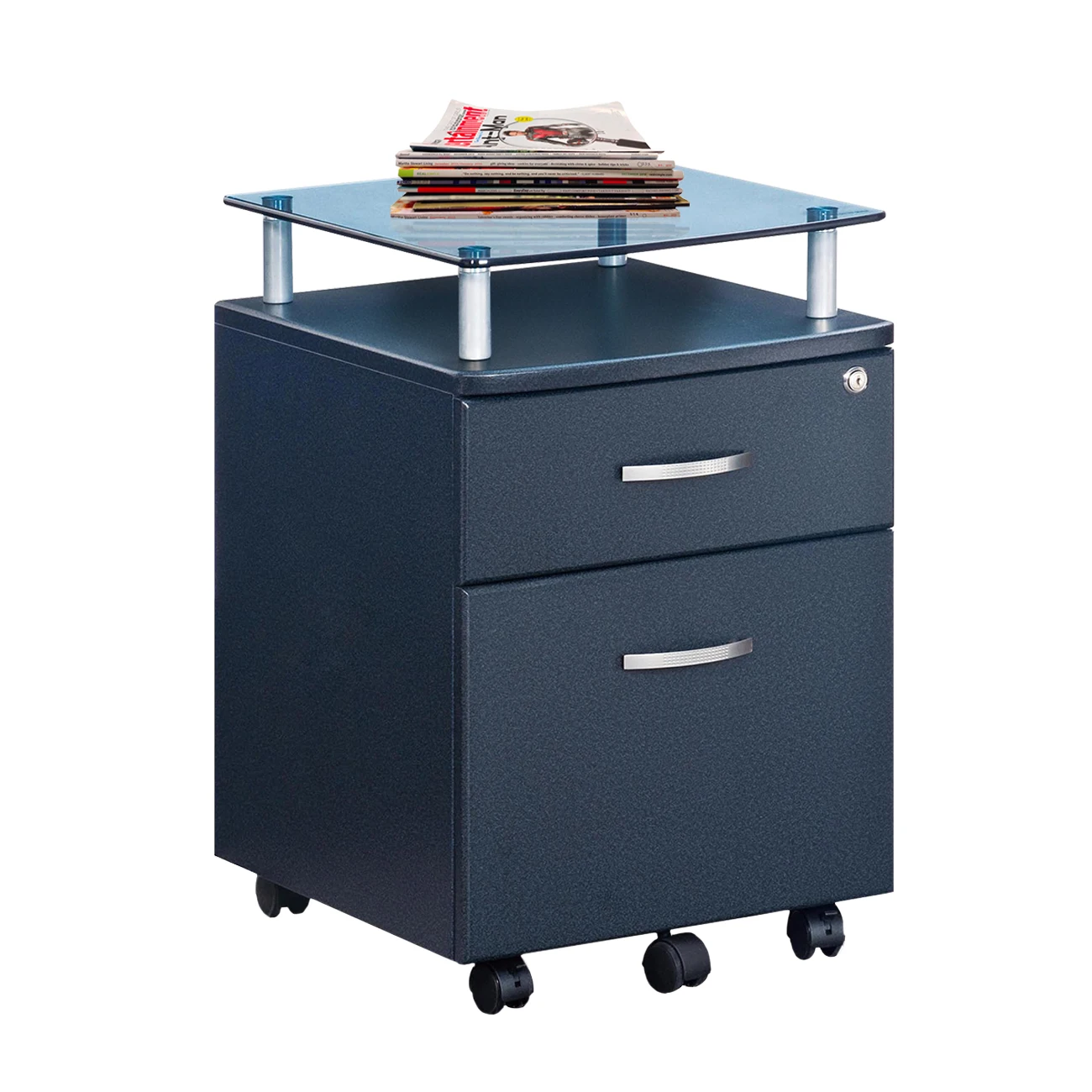 16x16.5x24 Inch Rolling File Cabinet MDF Panel with Glass Top & 1 Large 1 Small 2 Drawers Graphite[US-W]