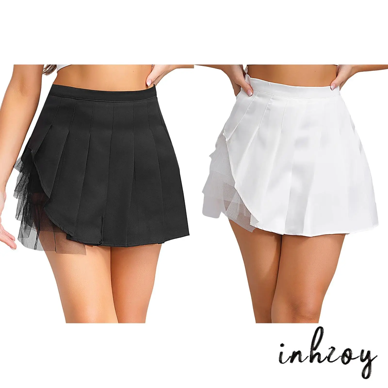 

Womens JK Skirt High Waist Pleated Skirt Irregular Tulle Spliced Built-in Safety Shorts College Schoolgirl Style A-line Skirt