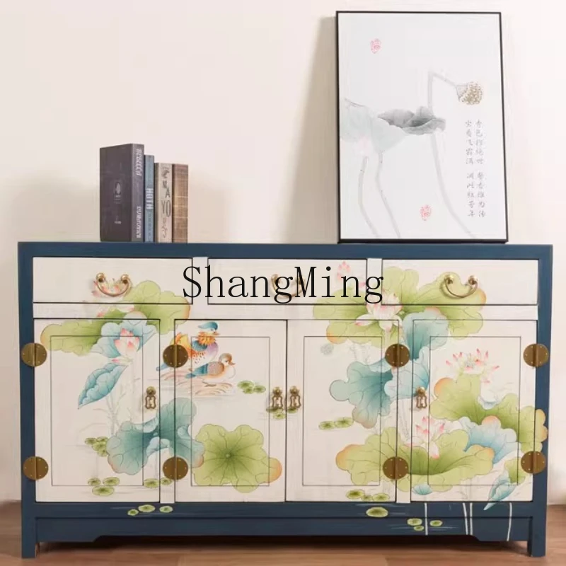 

ZYY new Chinese hand-painted dining side storage decorative cabinet foyer entrance three buckets four door cabinet