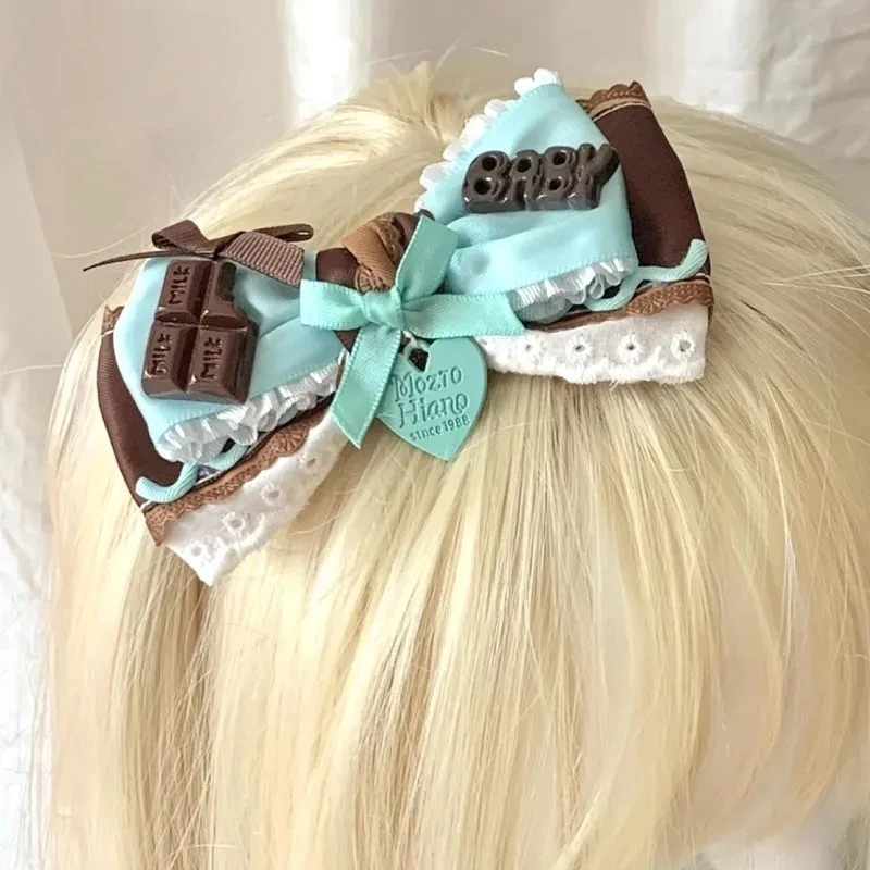 

Заколка для волос в стиле готика Харадзюку Y2K: милая Лолита, сладкий бант, лента, кружево, заколка-зажим с мятным шоколадным печеньем и узором в виде печенья.