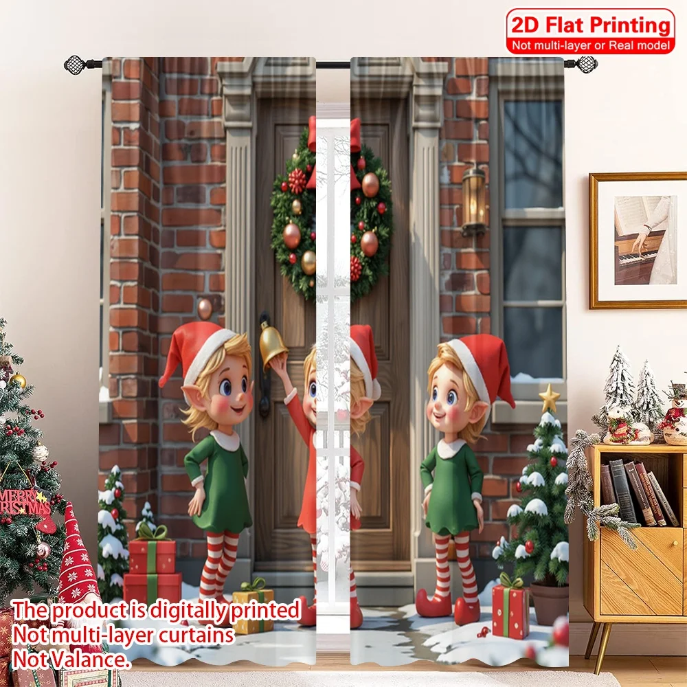 

2pcs 2D flat printing Merry Christmas Popular Curtains Cute Christmas Elf Door 100% Polyester Without Electricity Spring for