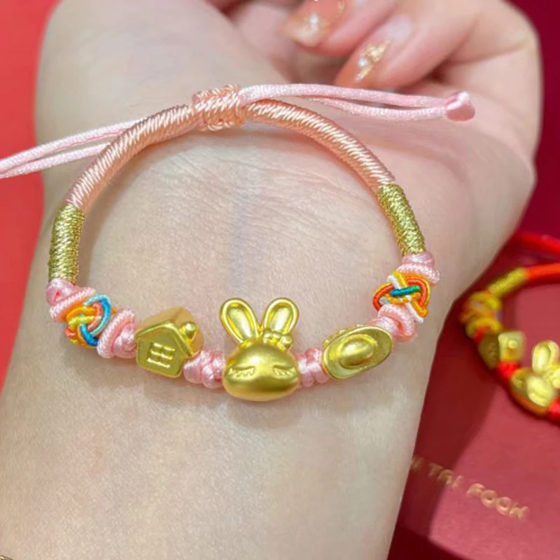 1pcs 999 24K Yellow Gold Bracelet For Women 3D Rabbit House Ingots Red String Bracelets Gift