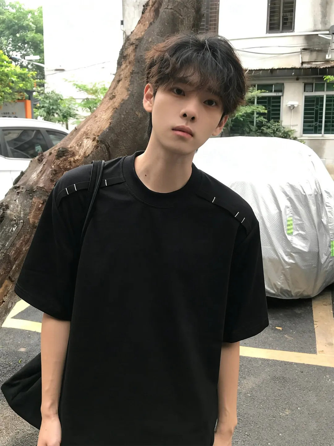 American Deconstructed Splice Shoulder Short Sleeve Men's Summer Cleanfit Small Collar T-shirt High-End Half Sleeve T-shirt