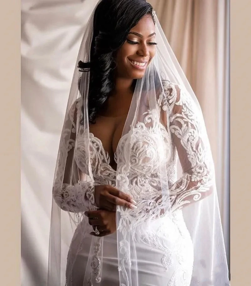 Customized Elegant White Mermaid Women's Wedding Dress V-Neck Transparent Long Sleeved Lace Decal Sweeping Train Bride Dress