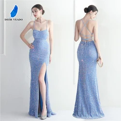 DEERVEADO Sexy Backless Strap Evening Dress Long Mermaid Sequins Formal Occasion Party Dresses for Women 2023 Long Prom Dress