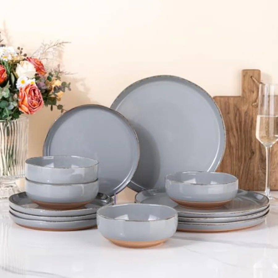 

Ceramic Dinnerware Sets for 4, 12 Pieces Handpainted Plates and Bowls Set with Rustic Terracotta Underside, Scratch Resistant S