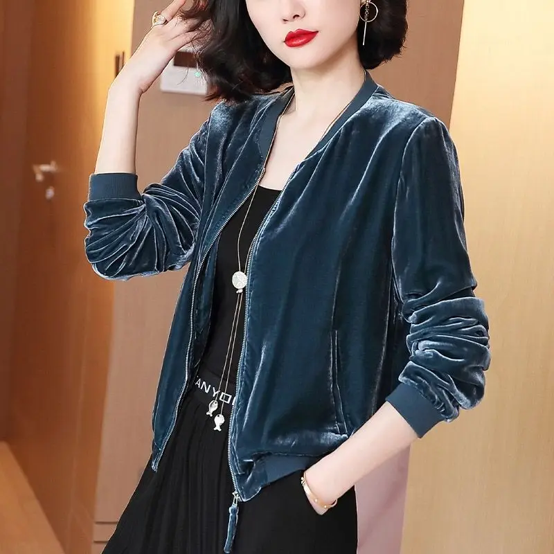 Korean velvet short jacket female long -sleeved coats 2023 spring new casual loose jacket top top base baseball uniform jackets