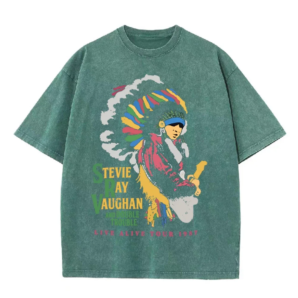 2026 Vintage Native Headdress Guitar Player Graphic Black Acid Washed T Shirt Retro Blues Rock Concert Poster Aesthetic Oversize