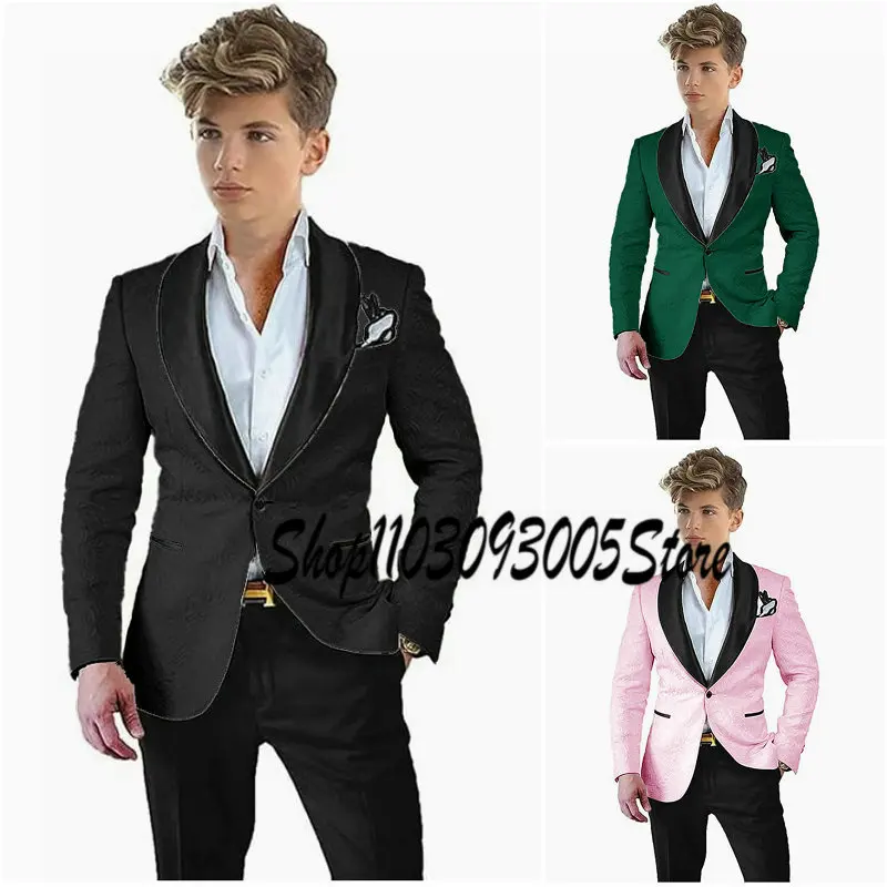 Black Jacquard Boys Suits 2 Piece Set Formal Wedding Tuxedo Fashion Clothes for Kids Shawl Lapel Blazer Child Party Prom Wear