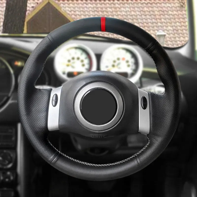 For Mini Coupe 2001-2006 Convertible 2004-2008 For Mini R50 R53 R60 Car Steering Wheel Cover Trim Black Leather with red strip