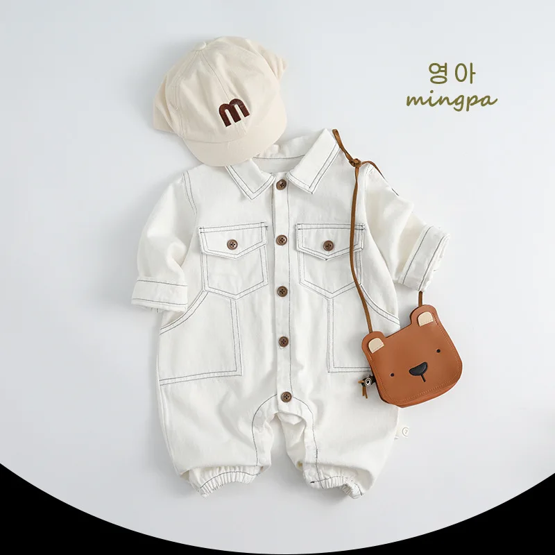 

Baby Denim Jumpsuit Spring and Autumn Fashion Solid Color Simple Casual Cute All-match Trendy Denim Rompers