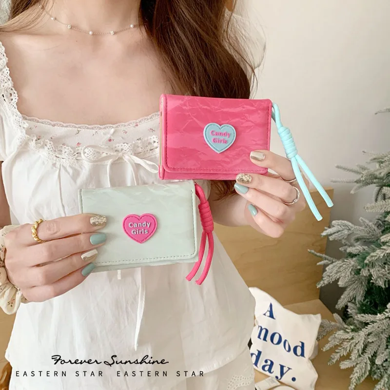 Ins amor doce cor carteira feminina com corda simples carteira curta estudante meninas bonito carteira moeda bolsa titular do cartão crachá titular