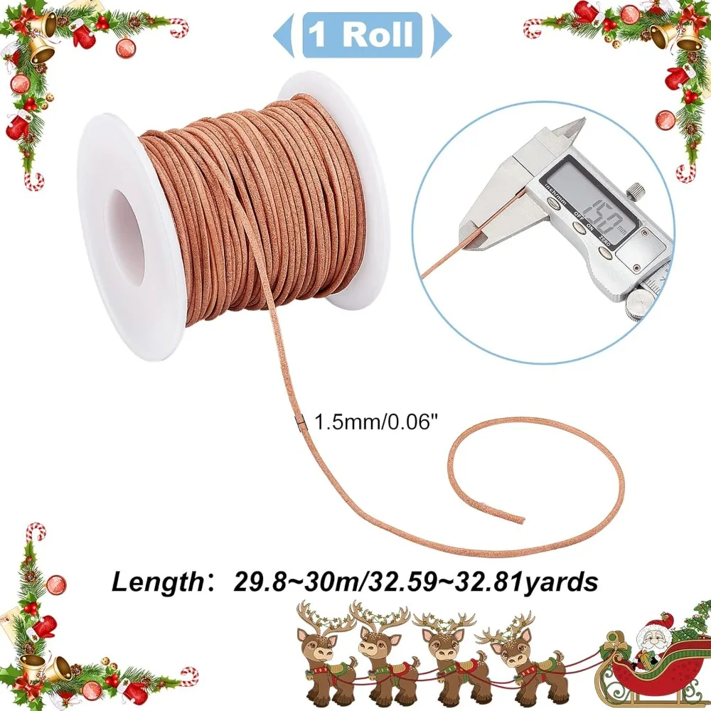 30 Yards 1.5 mm Round Leather Cord, Cowhide Leather String, Genuine Natural Color Leather String Cord for Necklace, Bracelets,