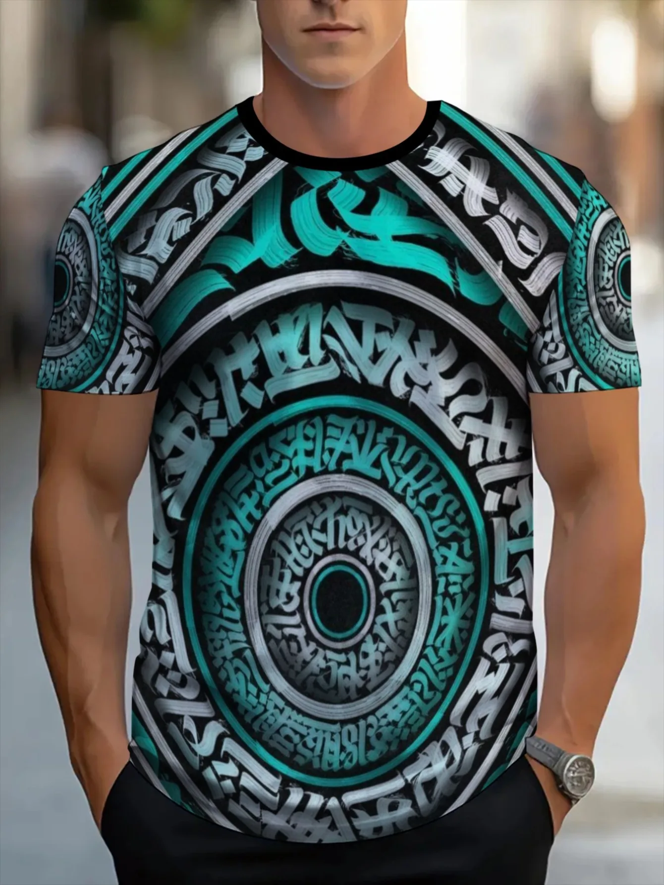 Men Tribal Circular Geometric Print T-shirt O-neck Short Sleeve Teal Black Streetwear Casual Tops