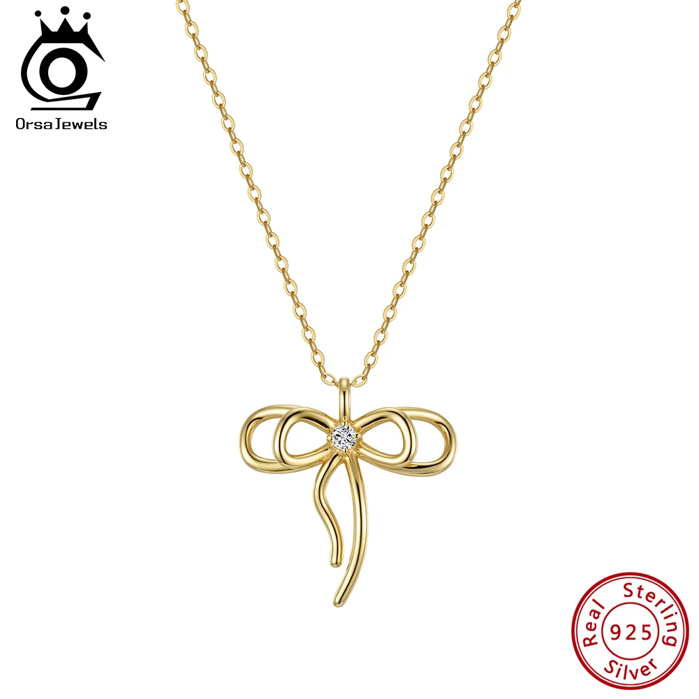 

ORSA JEWELS 925 Sterling Silver Bowknot Necklace Cute Zircon Bow Knot Pendant Choker Chain Gift Dainty Design Jewelry SAPN63