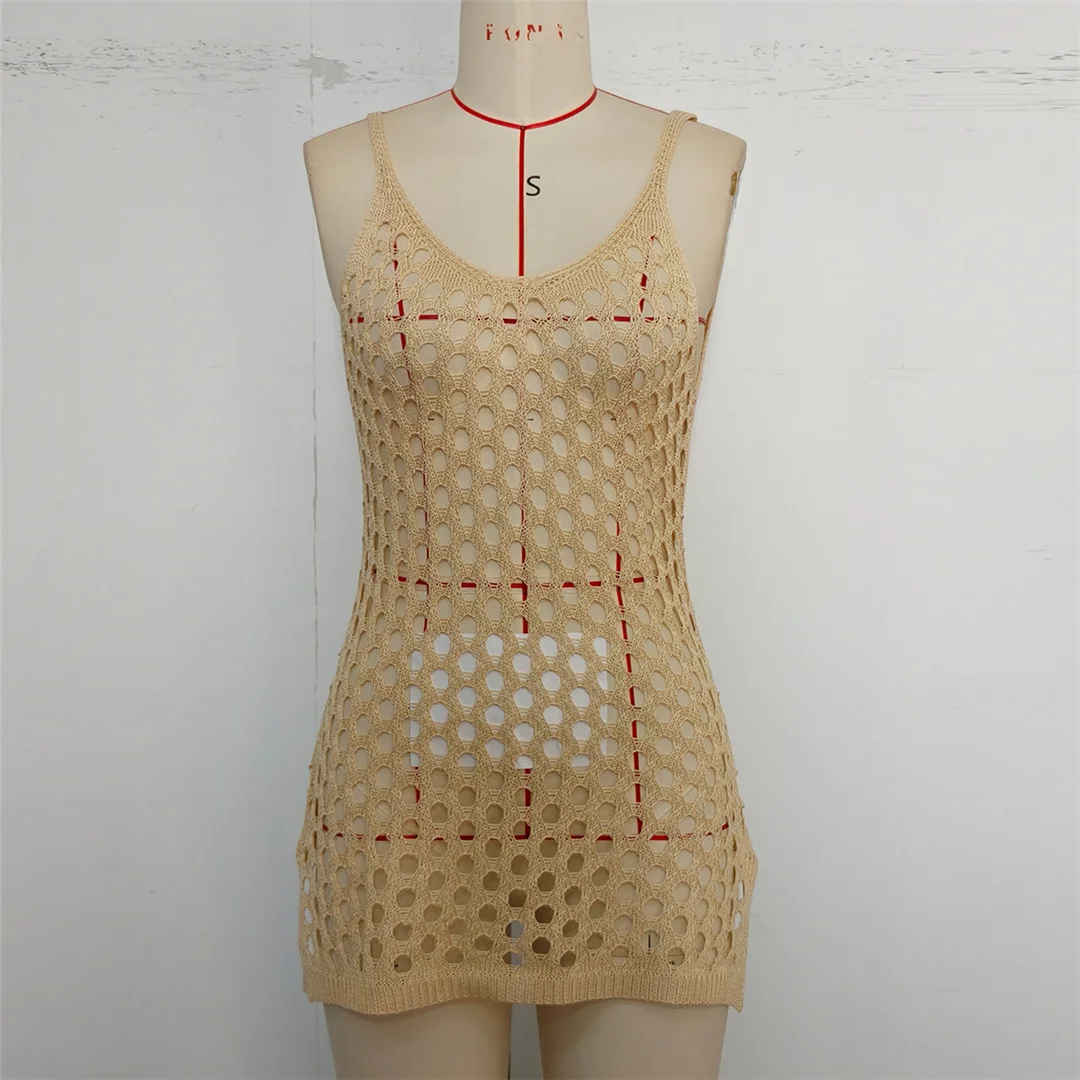 Ausgehöhlte, ärmellose, einfarbige, gehäkelte, gestrickte Tunika, Strand-Überwurf, Strandkleid, Strandmode, Damen V8246 – Detail 10