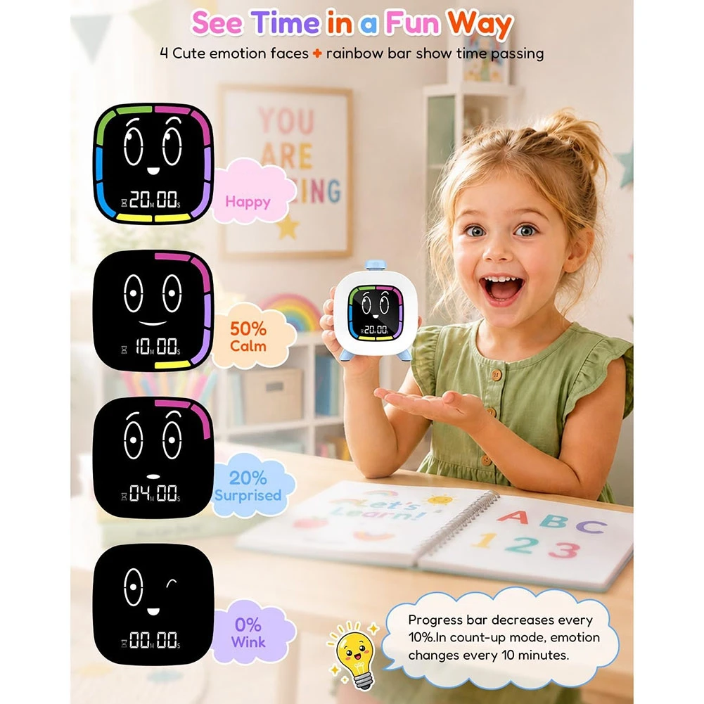 Voltvibe-Digital Visual Timer For Kids, 99-Minute Countdown, Rechargeable 4 Cute Emotion Faces,LED Backlit, Time Management Tool