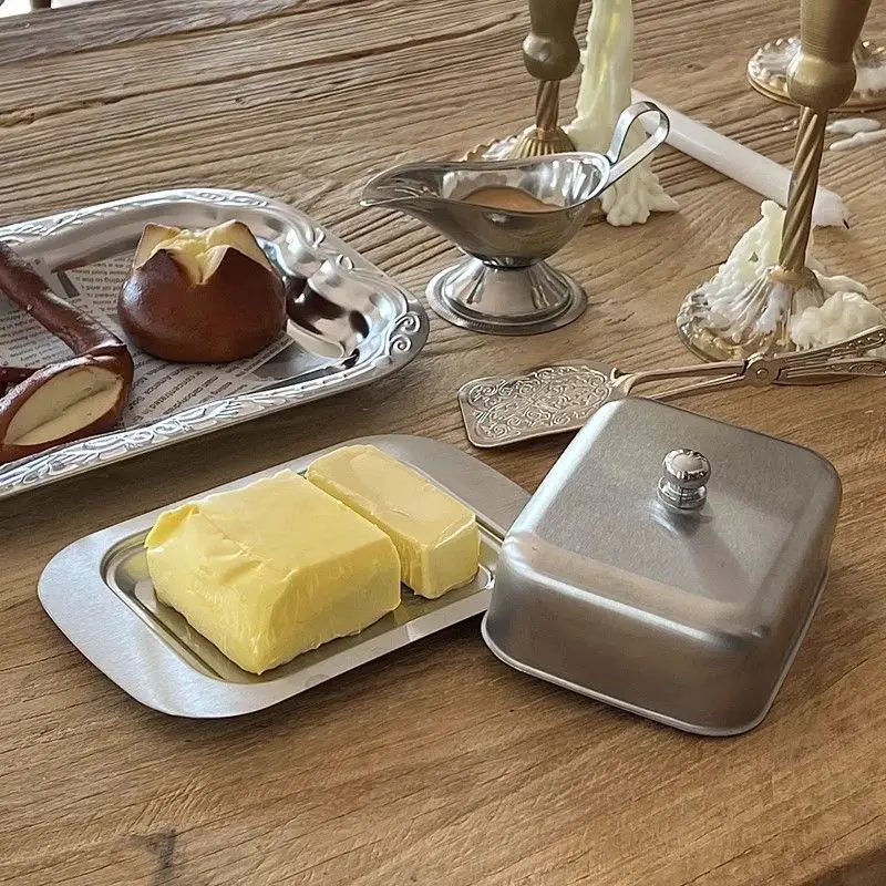 Bandeja de mantequilla de acero inoxidable, caja de almacenamiento de mantequilla francesa Retro con tapa, bandeja de mantequilla, vajilla, bandeja de postre, vajilla de cocina