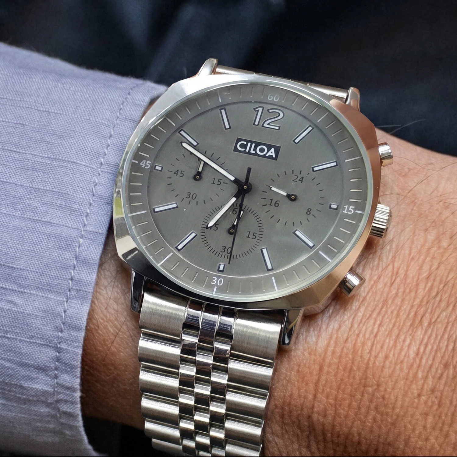 CILOA-Chronograph Quartz Watch For Men Multi-sided Case Stainless Steel Bracelet Analog Wristwatch Business Gift-511