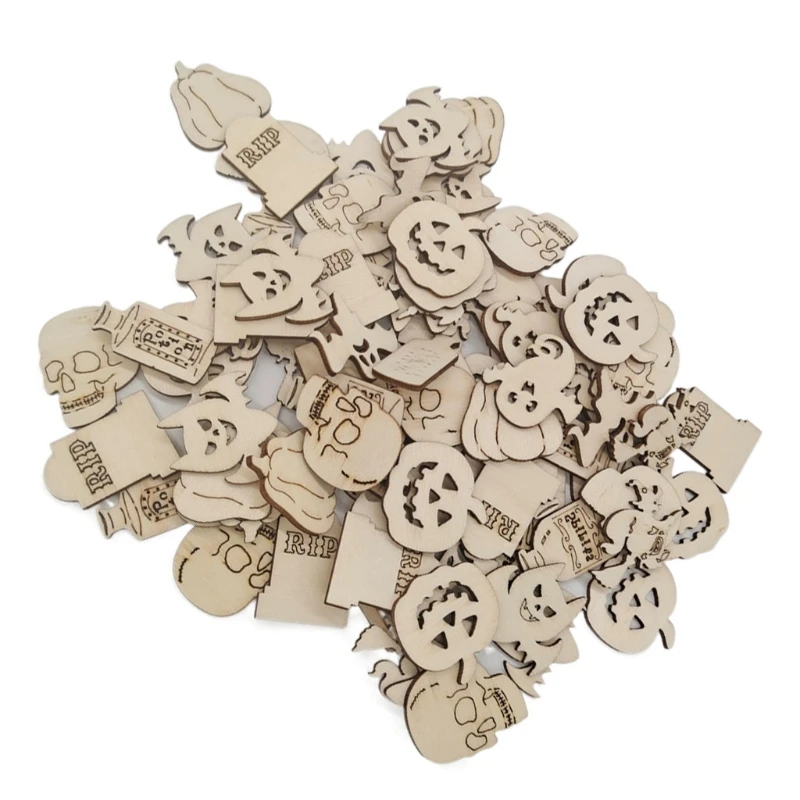 50 Pcs Halloween Unfinished Wooden Slices DIY Handcraft Cutouts Embellishments Decorations for Festival Party Ornament