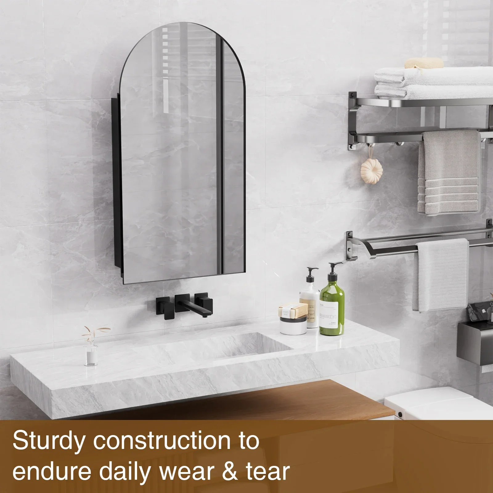 خزانة مرآة حمام مقوسة، قوس منحني، خزانة حمام مثبتة على الحائط، خزانة تخزين جاهزة مجمعة مع رف قابل للتعديل