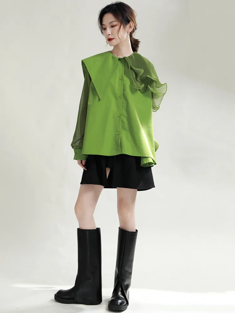 [EAM] Women Green Pleated Belted Big Size Blouse New Lapel Long Sleeve Loose Fit Shirt Fashion Tide Spring Autumn 2024 1DE3661