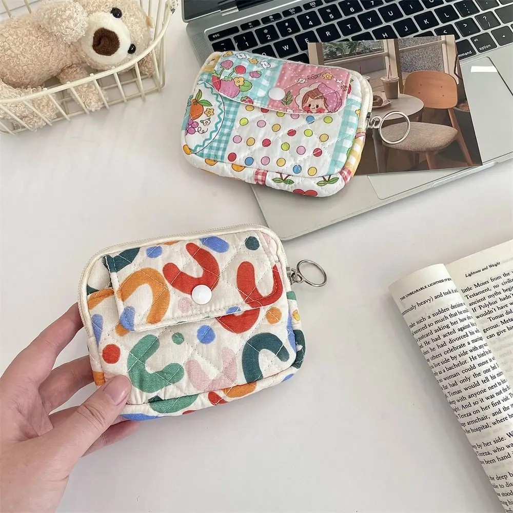 Kawaii Floral Coin Purse Korean Style Cartoon Printing Small Makeup Lipstick Bag Card Holder Jewelry Packing Bag