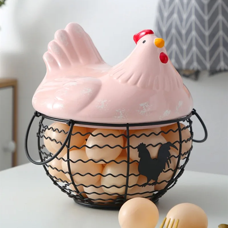 Creative Hen Storage Basket Household Wrought Iron Egg Basket Frame Handle Fruit Basket Storage Kitchen Supplies