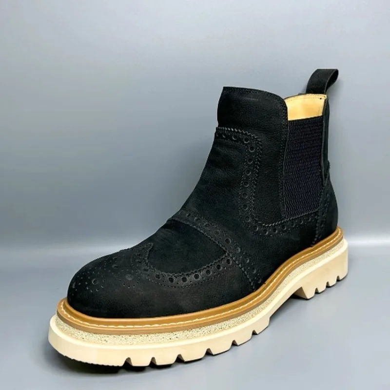 European Fashion Autumn/Winter Slip on Genuine Leather Work Boots Men's Shoes British Thick Bottom Warm Casual Chelsea Boots